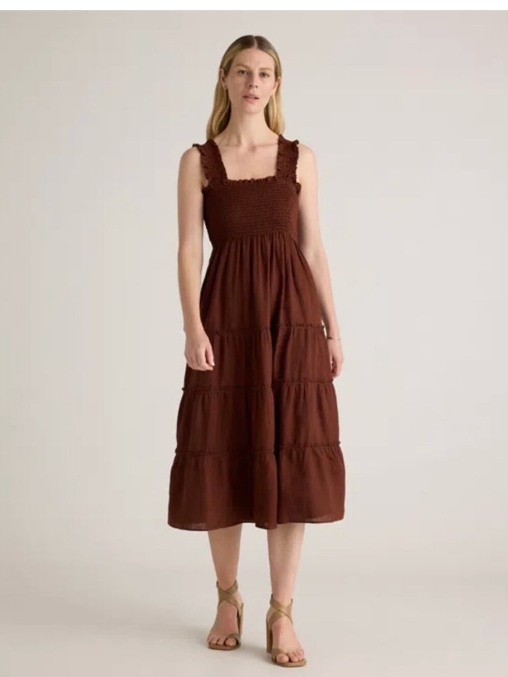 Quince Brown Smocked Tiered Midi Dress